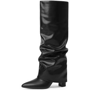 Modatope Knee High Boots Women Fold Over Knee High Boots Chunky High Heels Long Boots Zipper Pointed Toe Dress Tall Boots for Women 8.5, Black