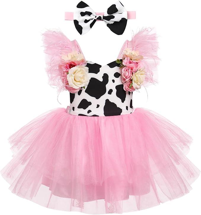 IMEKIS Toddler Baby Girl Cow Birthday Outfit Boho Backless Tutu Dress with Headband Cake Smash Photo Shoot, One Size
