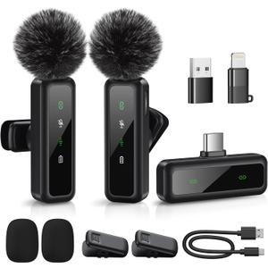 Mini Microphone, Wireless Lavalier Microphone for iPhone, iPad, Android, 2-Pack Mini Mic with Noise Reduction, Auto Pairing and Mute & Reverb for Vlogging, Video Recording, Live Streaming, Interview