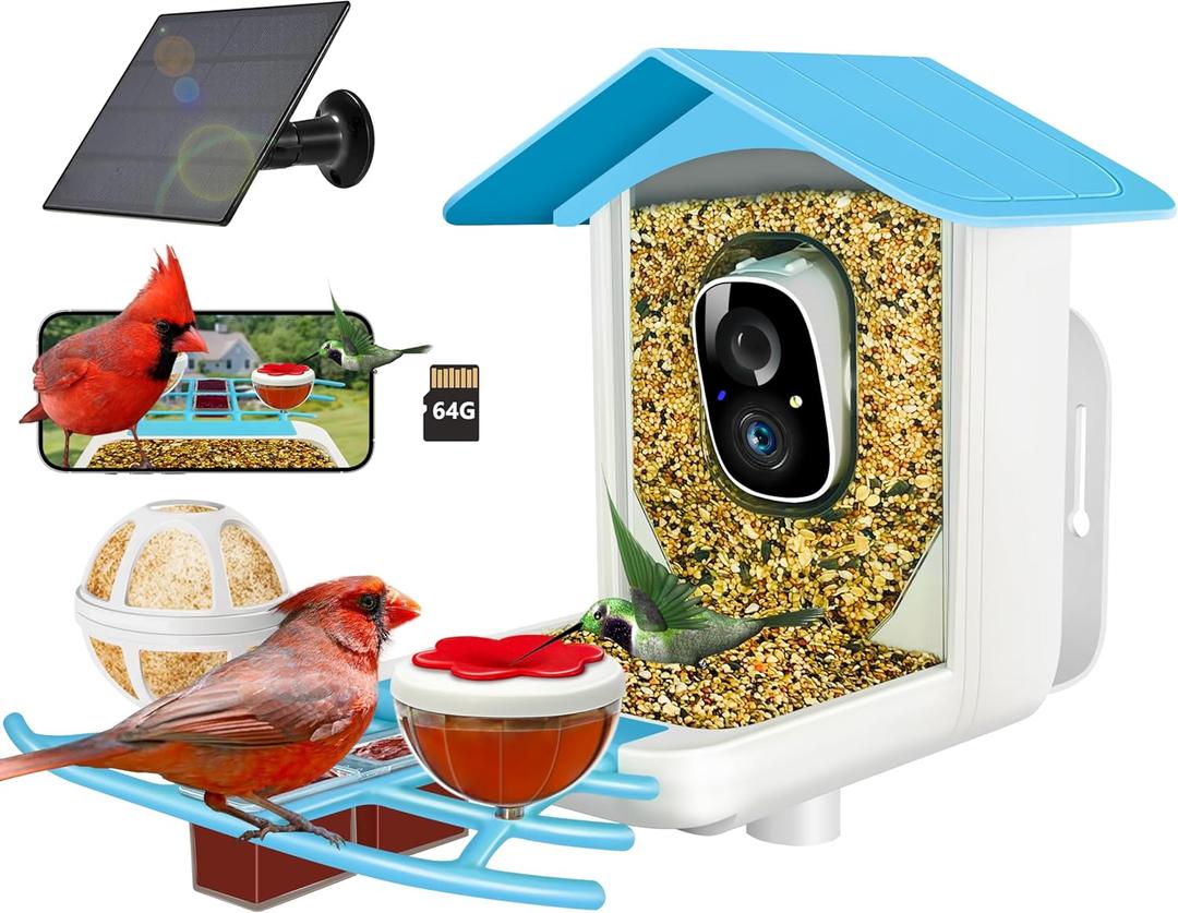 64GB Smart Bird Feeder with Camera Solar Powered, 2K 3MP HD Live Video &Playback on Phone, AI Identify +10,000 Bird Species, 2.4G WiFi Bird Feeder Camera Wireless Outdoor House-Bird Watching (Blue)