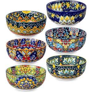 vancasso Cereal Bowls Set of 6, Bohemian Ceramic Soup Bowls, 28 oz Colorful Bowls Set for Kitchen, Dishwasher & Microwave Safe for Salad, Pasta, Rice, Oatmeal, Fruit