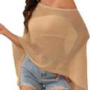 Off The Shoulder Sheer Crochet Vacation Outfits Poncho Sweater Top Summer Beach Cover Up (Khaki) Medium
