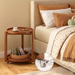 Rolling Side Table with Wheels, Small Solid Wood Round End Table, 17.7 inch