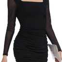 Lingswallow Sexy Long Sleeve Mini Cocktail Dress Short Bodycon Ruched Party Dresses Square Neck Mesh Sleeve Club Dress Semi Formal Date Night Dresses with Floral or Leopard Print Options (M)