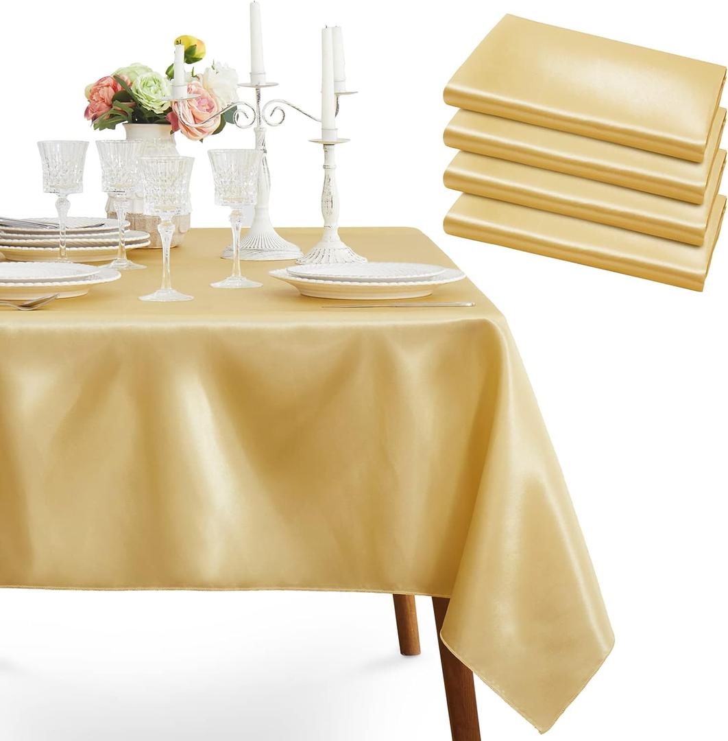 4 Pack Gold Satin Tablecloth, 58 x 102 Inches Rectangle Table Cover, Smooth Fabric Gold Satin Table Cloths, Luxury Silk Tablecloth for Party Wedding Dining Banquet