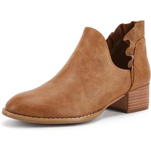 FISACE Womens Ruffled Ankle Boots V Cut Out Pointed Toe Chunky Low Heel Dressy Western Booties (8.5, Brown)