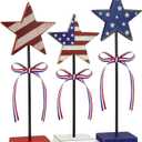 3 Pcs 4th of July Table Decoration Wooden Sign, Retro Red White Blue Star Patriotic Table Centerpiece Fourth of July Tabletop Decorations Memorial Day Tiered Tray Decor for Home Office
