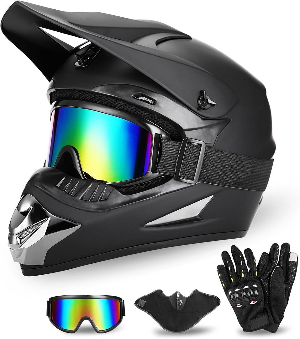 Full Face Dirt Bike Helmet DOT Certified - Complete Adult ATV Helmet Kit with Goggles, Gloves & Mask, Adjustable Visor, Quick Release (Black), S