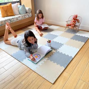 MioTetto Foam Floor Tiles for Kids - Non-Toxic Comfortable Baby Play Mat and Interlocking Foam Tiles, Fits with 74x74 Playpen Mat for Crawling & Development, Soft Play Mat for Babies 6-12 Months (Cream-gray-beige)