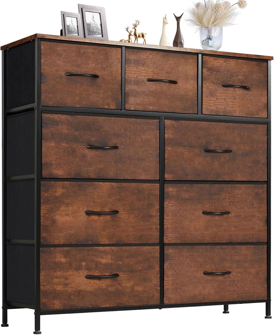 Sweetcrispy Dresser for Bedroom with 9 Storage Drawers, Large Fabric Storage Tower Organizer, Chest of Drawers with Metal Frame Wooden Top for Closet, Living Room, Entryway, Brown