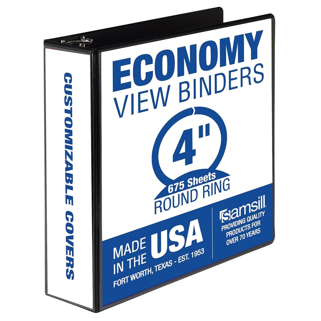 Samsill 4 Inch 3 Ring Binder, Made in USA, Economy Round Ring, Clear View Cover, 675 Sheet Capacity - for School, Home, Office - Black (1-Pack)