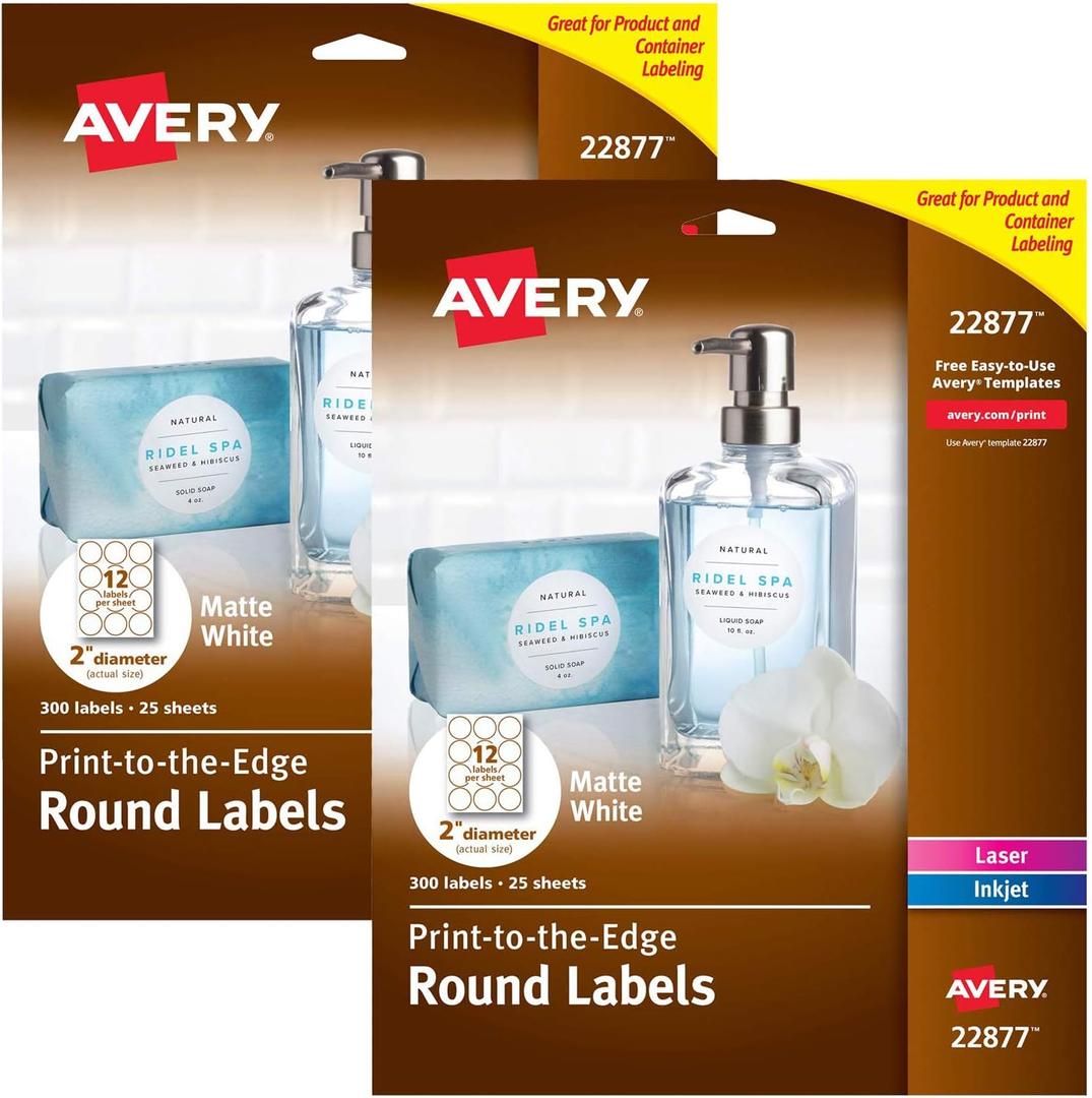 Avery 2 Inch Round Labels for Laser & Inkjet Printers, 300 Labels (22877) (2 Pack, 600 Labels Total)