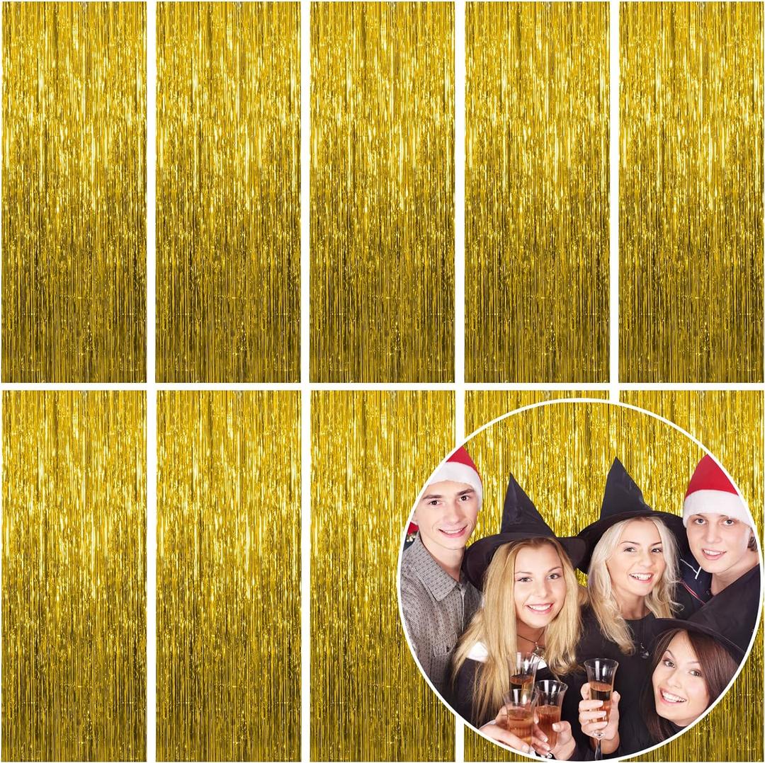 10 Pack Foil Curtain Backdrop Gold Metallic Tinsel Foil Fringe Curtains Photo Booth Props for Birthday Wedding Engagement Baby Shower Bachelorette Christmas Holiday Celebration Party Decorations