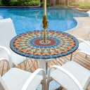Round Outdoor Tablecloth with Umbrella Hole Waterproof Patio Table Covers Round Fitted Tablecloth with Elastic Zippered Outdoor Table Cloth for Picnic, Camping, Garden