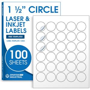 1.5" Printable Round Labels for Laser and Inkjet Printers - 3000 Blank Labels, 100 Sheets for Custom Stickers, Thank You Stickers, Price Tags, and QR Codes - Spartan Industrial Template C003