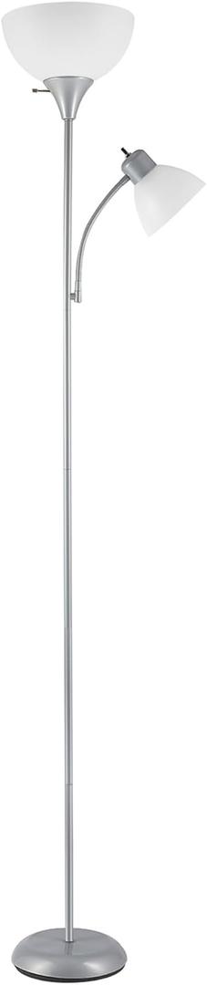 GLOBE Electric 67134 72" Torchiere Floor Lamp and Adjustable Reading Light, Silver, Frosted Shade, Dual Rotary Switch, 3-Step Dimming, Modern Lighting for Living Room or Office, Timeless