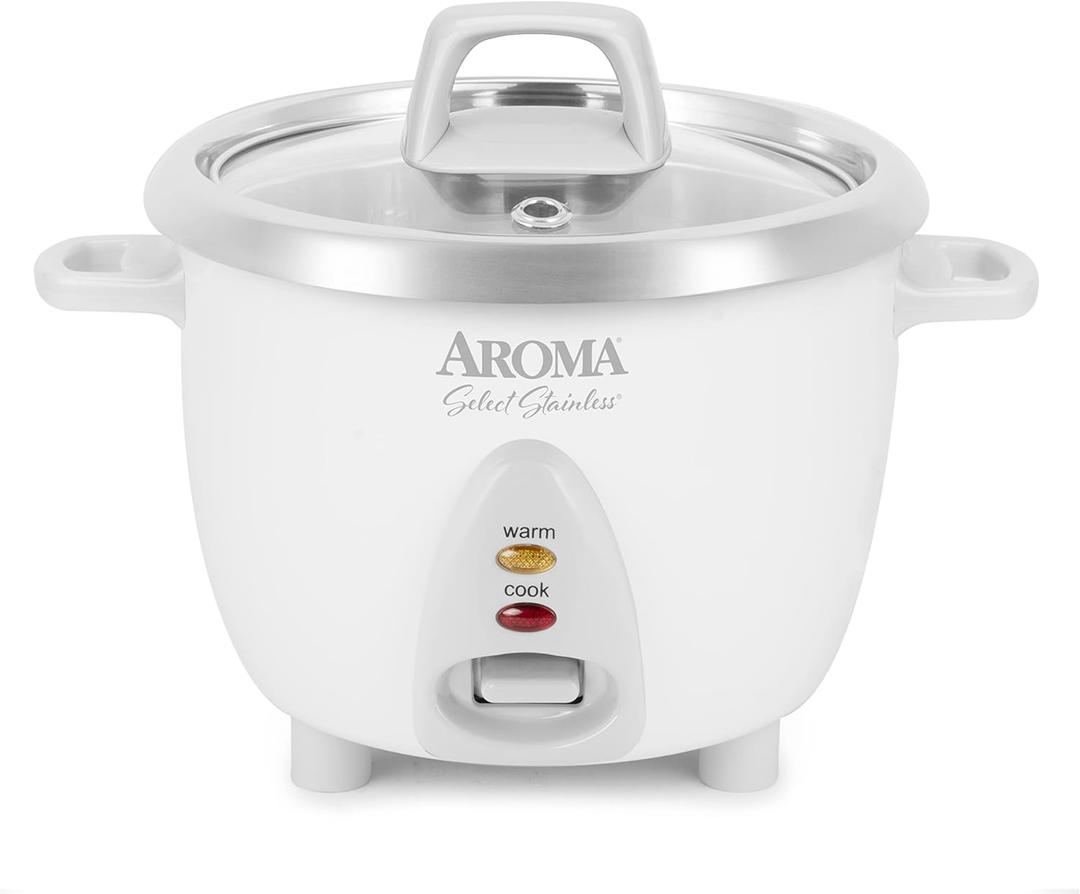 AROMA Select Stainless Rice Cooker, 3-Cup (Uncooked) / 6-Cup (Cooked), Stainless Steel Inner Pot, Small Rice Cooker, Auto Keep Warm, 1.2 Qt, White, ARC-753SG