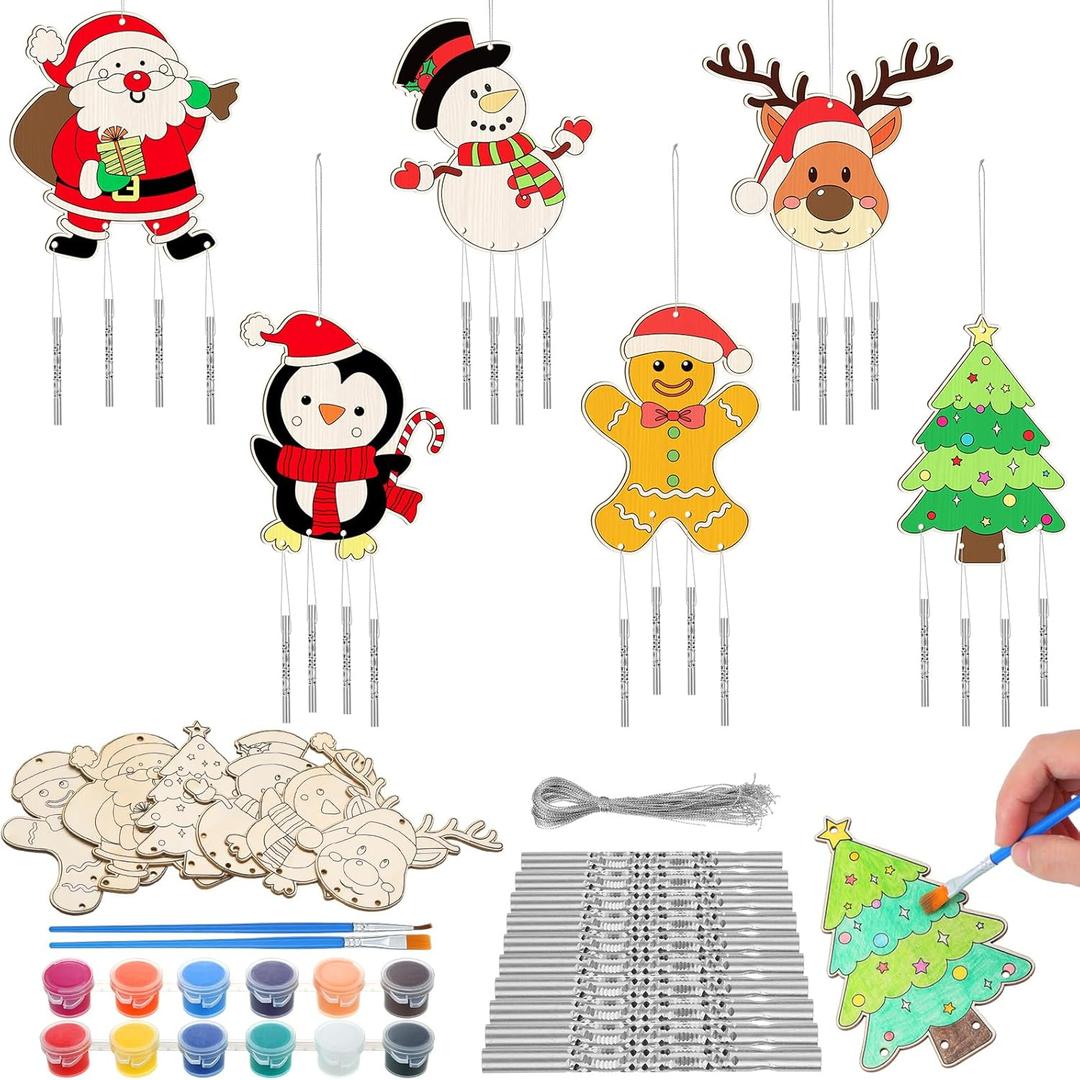 24 Sets Christmas Wind Chimes Craft DIY Color Your Own Wooden Wind Chime Santa Claus Snowman Coloring Hanging Crafts for Christmas Winter Party Favor Home Activities