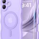3 in 1 Magnetic for iPhone 17 Case, Cute Wavy [Full Camera Protection] [Fit for MagSafe] 1X Screen Protector+1X Wrist Strap, Anti-Slip Trendy Women Girly Phone Case for iPhone 17 6.3", Light Purple