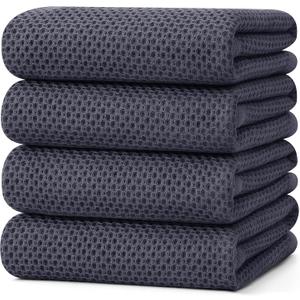 Kitinjoy 100% Cotton Waffle Weave Kitchen Towels, 4-Pack Super Soft and Absorbent Dish Towel for Drying Dishes, Kitchen Hand Towels, 20 in x 28 in, Dark Grey