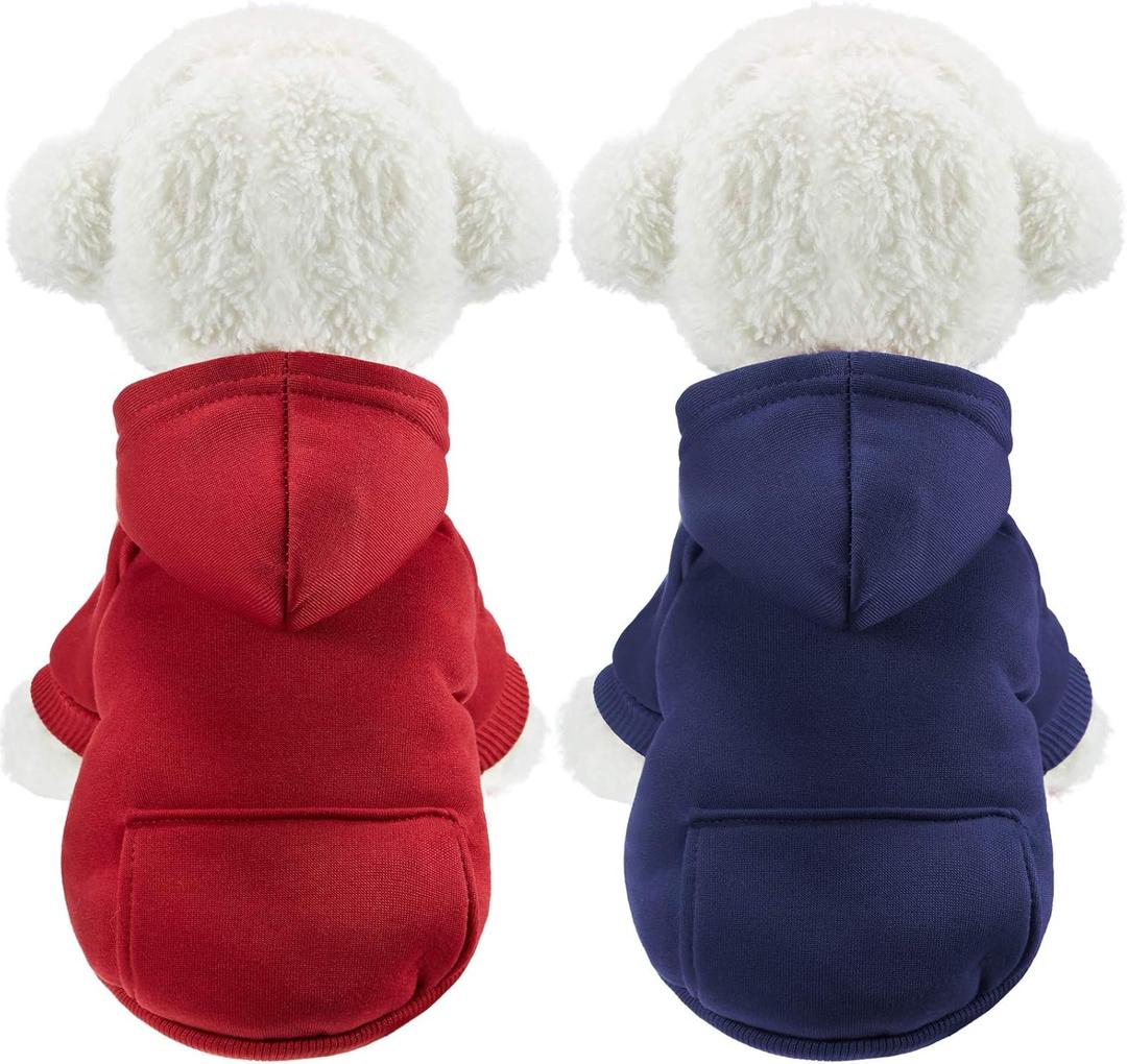 2 Pieces Winter Dog Hoodie Warm Small Dog Sweatshirts with Pocket Cotton Coat for Chihuahua Clothes Puppy Costume(S, Dark Blue, Red)