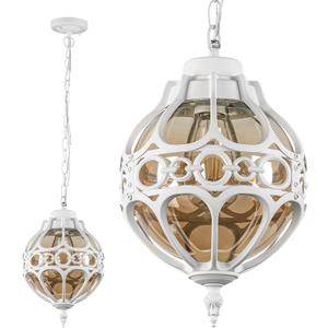 Globe Outdoor Pendant Lights, White Aluminum Waterproof Hanging Light Fixture for Porch Entryway Hallway, Vintage Round Exterior Chandelier, Outside Pendant Lamp with Amber Glass, 13"H-1 Pack