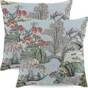 Chinoiserie Pillow Cover 24x24 Inch Set of 2 Asian Scenic Coral Green Blue Throw Pillows Farmhouse Chinoiserie Decorative Pillowcase Linen Cushion Cover for Home Sofa Bedroom Outdoor, 24" x 24" (Pack of 2), Coral