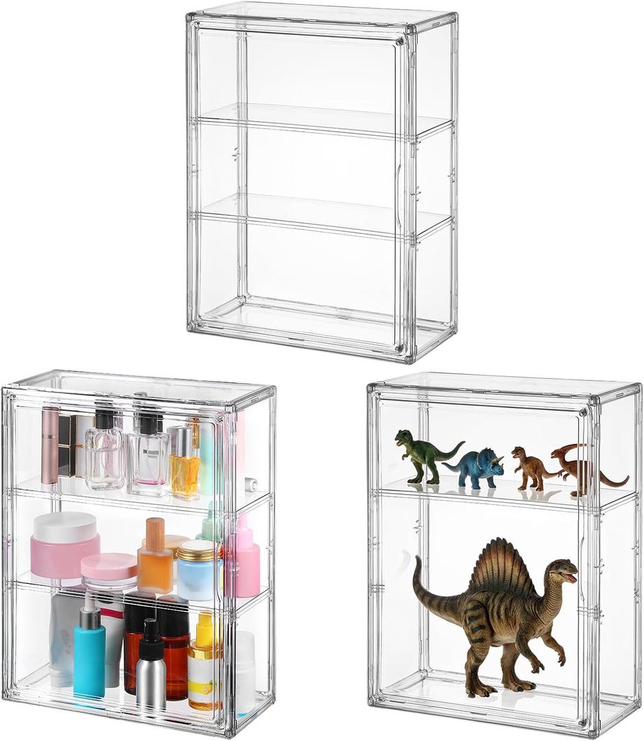 3 Pack Clear Acrylic Display Case, 3 Tier Showcase with Magnetic Door and Adjustable Shelves for Figures Collectibles, Wall Mount Or Tabletop