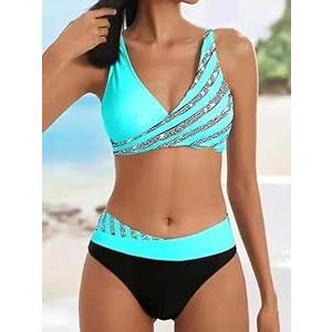 Women Deep V Bikini Set Halter Two Piece Swimsuit High Waisted Color Block Beach Swimwear (Black)