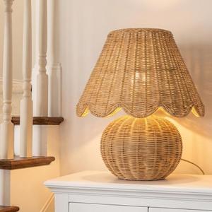 Rattan Table Lamp with Woven Base and Woven Lampshade Decorative Boho Table Lamp Farmhouse Tabletop Decoration for Living Room Bedrooms Nightstand Bedside Tabletop, Bulbs Include