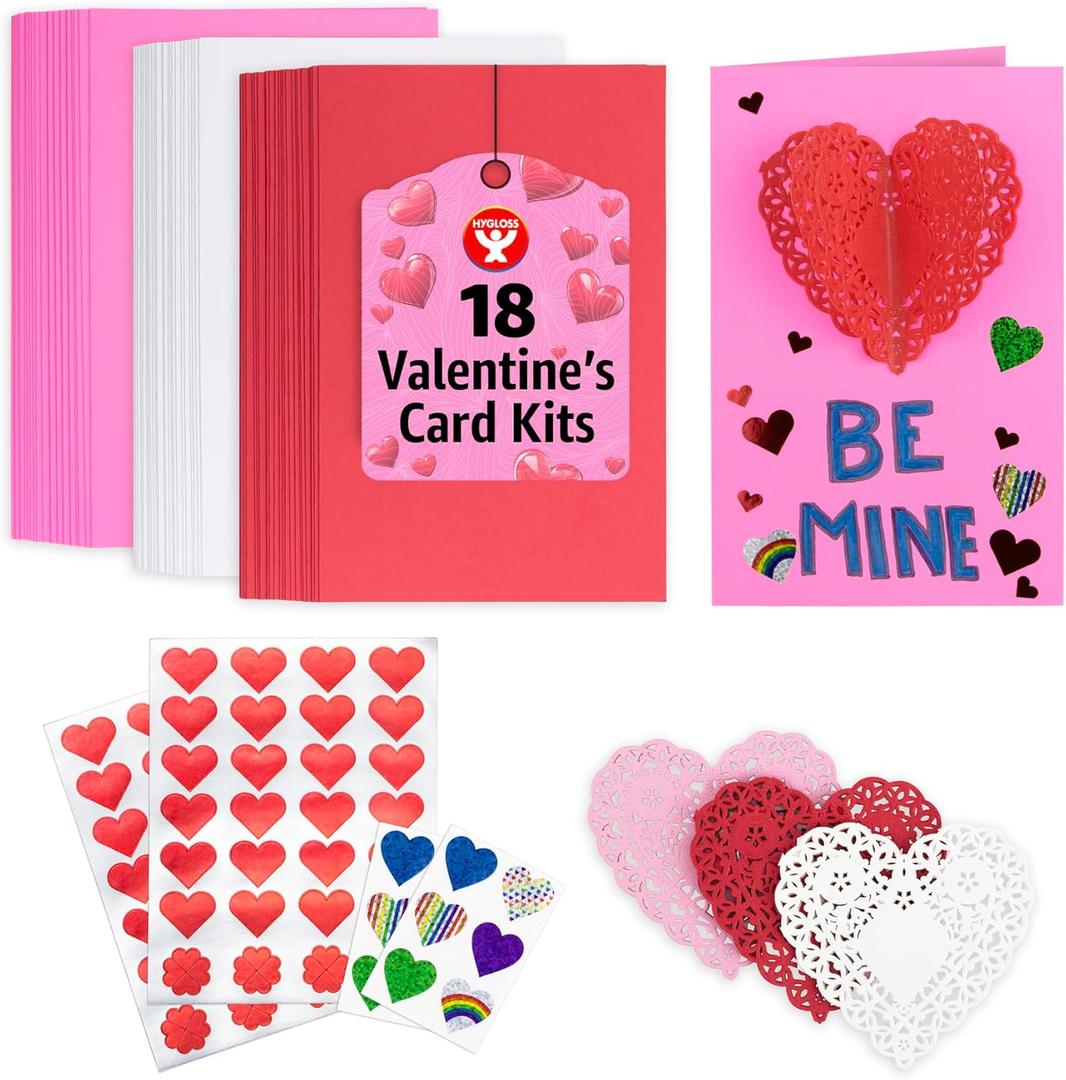 2 x Hygloss Valentines Day Card Making Kit - DIY Valentines Cards for Kids - Includes 18 Cards, 18 Heart Doilies, 4 Sheet Heart Stickers - Classroom Favors - Unique Valentine Card Making Kits