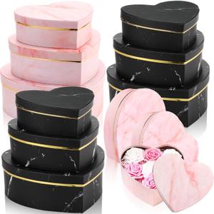 Kosiz 12 Pcs Valentine's Day Heart Shaped Boxes Nesting Marble Gift Box with Lids for Flower Arrangements Anniversary Birthday Gifts for Men Women Wedding Party Present Birthday, 3 Sizes(Black, Pink)