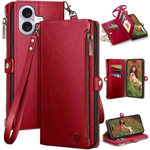 XcaseBar Compatible with iPhone 16 6.1" Wallet case with Zipper Credit Card Holder【RFID Blocking】, Flip Folio Book PU Leather Phone case Shockproof Cover Women Men for Apple 16 case Red