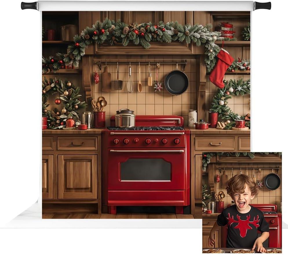 Kate Christmas Kitchen Backdrop for Photography Wood Kitchen Cabinet Backdrops Snow Garland Background Photo Props 8x8ft