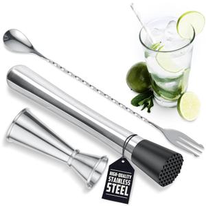 3 Pcs Muddler for Cocktails Set - Bar Muddler Tool with Sturdy Head, Versatile Cocktail Spoon & Jigger, Easy to Use & Clean, Stylish Rust-Resistant Stainless Steel Set - Bar Tools for Drinks Mixing