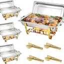 Stelora Chafing Dishes for Buffet, 9 Qt High Grade Chafing Dish Buffet Set, Rolled-Edge Design Food Warmers for Parties, Buffet, Wedding, Birthday, Camping 4 Pack 4 Pans (Gold)
