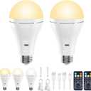 Brightown E26 Rechargeable Light Bulb with Remote and Timer, Battery Backup Bulb for Sconces and Lamps, Hanging LED Light Bulb with Hook for Camping Tent, Dimmable, 3 Color Temperatures, 2 Pack