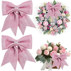 TONIFUL 2pcs Glitter Shiny Bow Pink Sparkling Christmas Bow for Gift Wrapping, Christmas Wedding Valentine's Decoration, Indoor Decoration, Bouquet Wrapping, Party Supplies(8x10 Inch/pcs)