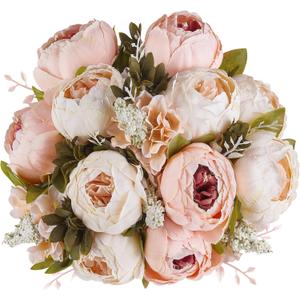 Mkono Peonies Artificial Flowers, 2 Packs 13 Stems Faux Peony Flowers Real Touch Fake Silk Bouquet for Arrangements Dining Table Centerpieces for Kitchen Bridal Wedding Party (2, Light Pink)