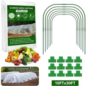 Garden Mesh Netting Kit - 10x30ft Ultra Fine Mesh with 6 Sets Hoops & 12 Clips, Bird Netting Protection for Fruit, Vegetable, Flowers & Animals, Greenhouse Cover