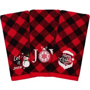 MCEAST 3 Pack Christmas Hand Towels 14 x 25 Inch Cotton Towels Embroidered Christmas Bath Towels Red and Black Buffalo Plaid Hand Towels for Bathroom Kitchen Soft Washcloths for Drying, Cleaning