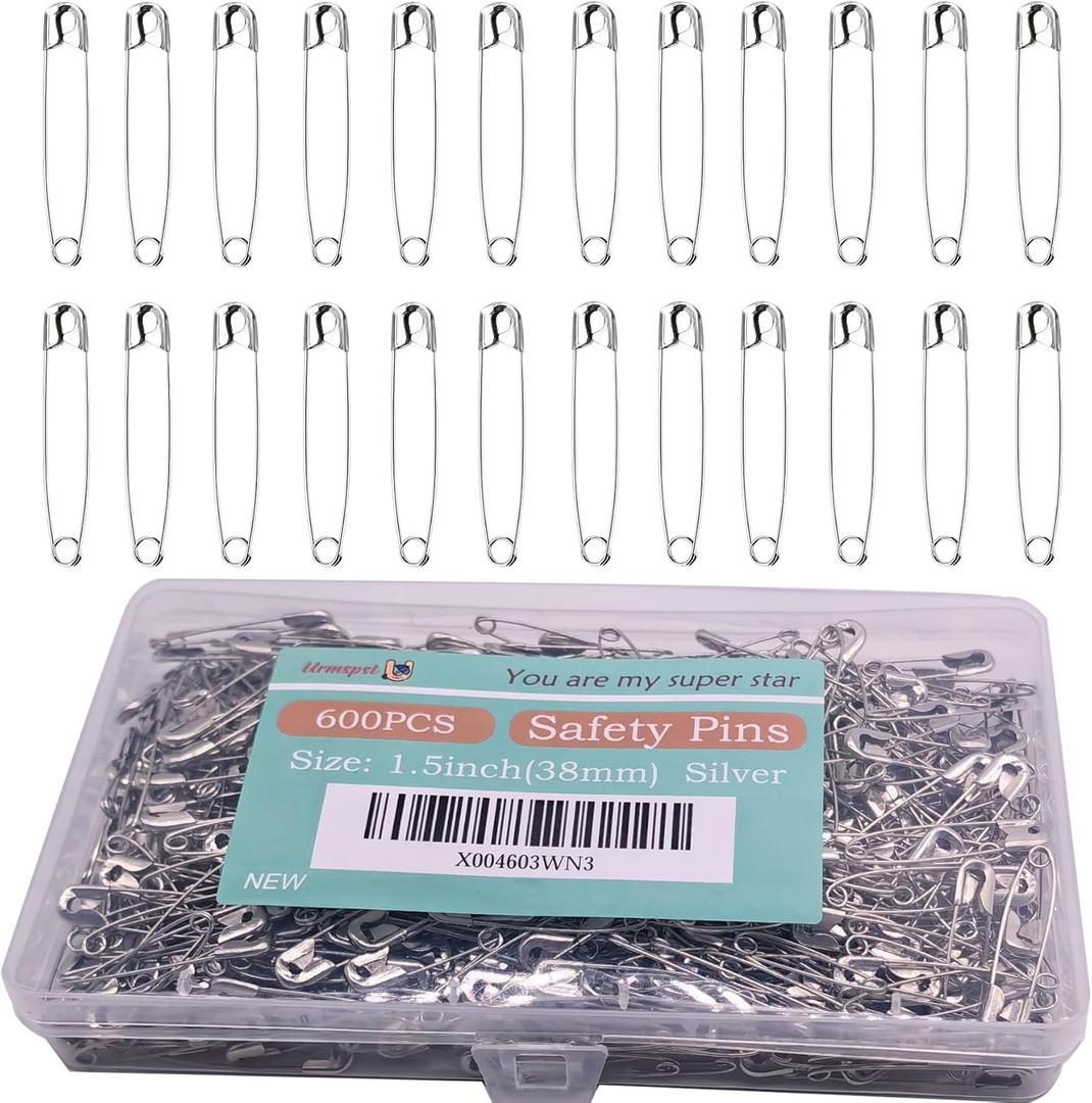 Safety Pins, 600PCS-1.5Inch Small Safety Pins, Rust-Resistant Nickel Plated Steel, Sharp Edge Safety Pin for Clothes, Sewing, Arts & Craft, 38mm Decorative Safety Pins (Silver), UR-28