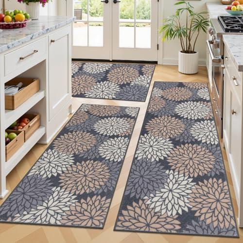 Ileading Boho Kitchen Rugs Sets 3 Piece with Runner Floral Kitchen Floor Mat Carpet Farmhouse Kitchen Rugs and Mats Non Skid Washable Runner Rug for Kitchen Floor Office Sink Laundry, Dark Brown,  Floral-dark Brown, 20"x32"+20"x48"+20"x59"