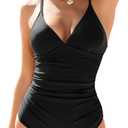 Women's One Piece Swimsuits Tummy Control Bathing Suits Deep V Neck for Women Ruched Push Up Vintage Retro Swimwear (Medium, Black)