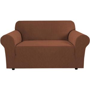 H.VERSAILTEX Stretch Couch Cover Loveseat Covers for 2 Cushion Couch Slipcover|Cover for Loveseat 1 Piece with Elastic Bottom, Checked Jacquard Fabric(58'-70' Wide, Caramel)