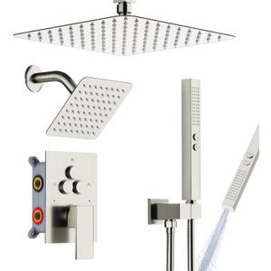 Shower Faucet Set Shower System - EMBATHER Brushed Nickel Push Button Diverter Dual Shower Faucet Valve Kit with Rain Ceiling Mount 10 Inch Shower Head 6 Inch Wall Mount, 2 in 1 Handheld for Couple
