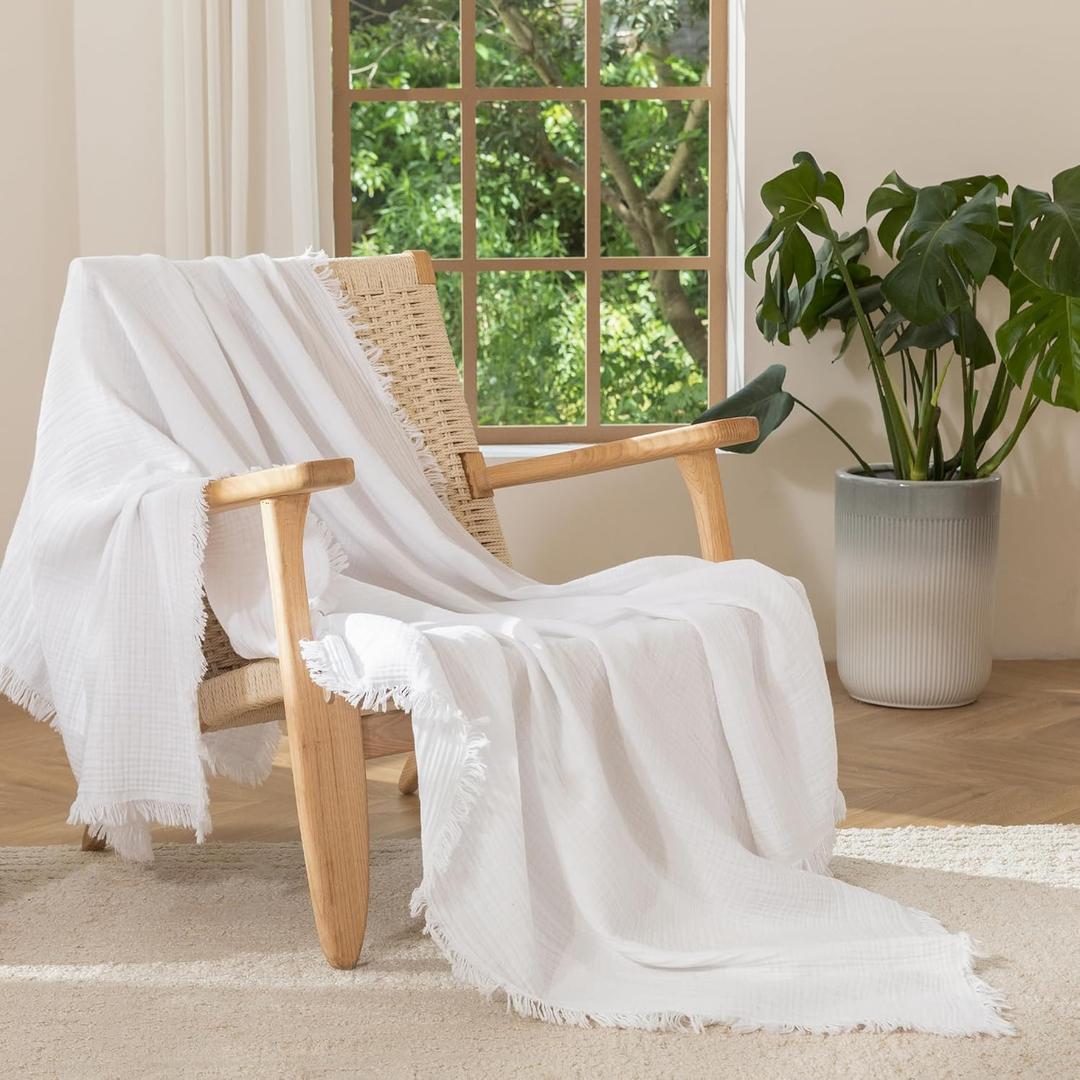 MooMee Muslin Blanket - 100% Cotton 4-Layer Gauze Throw Blanket with All-Around Fringe, Soft Breathable Lightweight Cooling Summer Blankets for Bed Couch (Bright White,Twin XL 66" x 90")