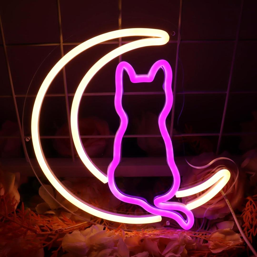 Anime Moon Cat Neon Sign for Bedroom Wall Decor, Purple LED Dimmable Cartoon Moon Cat Signs for Kids Gifts, Cute Cat Neon Light for Girls Game Room Dorm Birthday Party Kawaii Decoration 10 * 10.3in