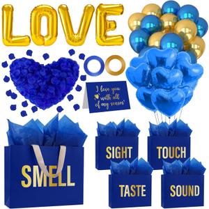 1052Pcs 5 Senses Valentine's Day Gift Bags For Him Her with Labels Five Senses Birthday Party Decorations with Tissue Paper Rose Petals Love Balloons for Husband Boyfriend Anniversary Decor(Blue Gold)