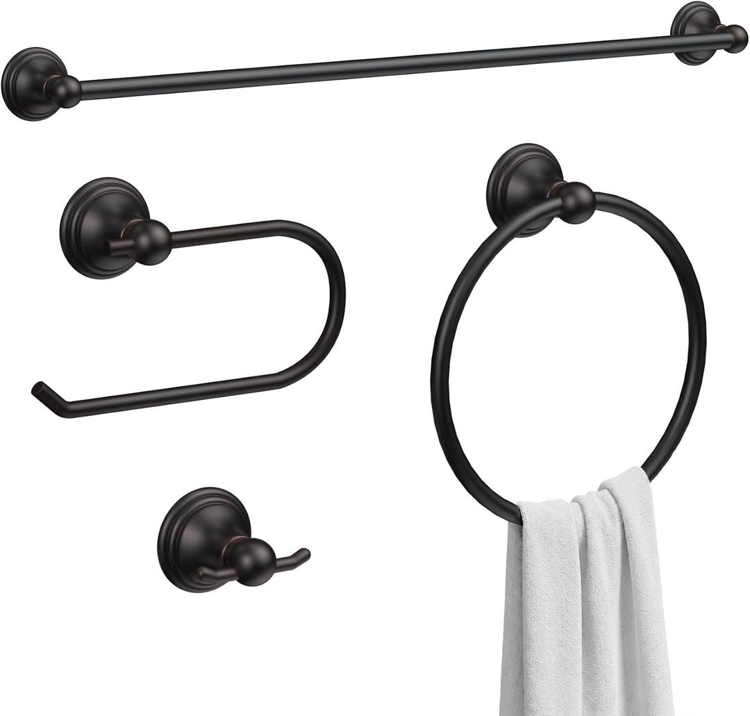 Formosa Design Hardware Classic 4-Piece Bathroom Accessories Set, 24-inch Towel Bar, Toilet Paper Holder, Towel Ring, and Robe Hook, Durable Zinc Alloy & Stainless Steel, (Oil Rubbed Bronze Finish)